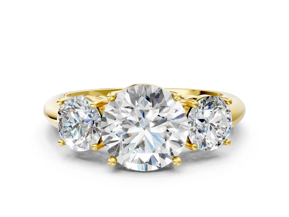 Yellow gold Three-Stone Round Cut Diamond Engagement Ring with Prong Setting on a White Gold Band_6
