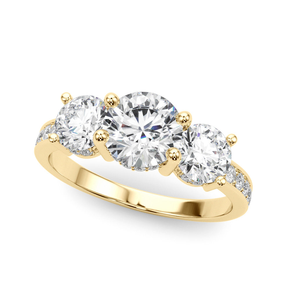 Yellow gold Three-Stone Round Cut Diamond Pavé Band with Four-Prong Setting