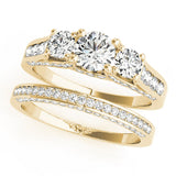 18K Yellow Gold Three-Stone 2.58 Carat F VS1 Round Cut Diamond Ring with Channel-Set Band and Four-Prong Setting