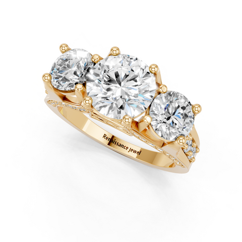 18K Yellow Gold Three-Stone 2.06 Carat D VS1 Round Cut Diamond Ring with Channel-Set Band and Four-Prong Setting
