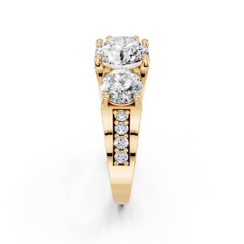 18K Yellow Gold Three-Stone 2.06 Carat D VS1 Round Cut Diamond Ring with Channel-Set Band and Four-Prong Setting