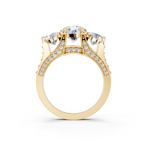 18K Yellow Gold Three-Stone 2.06 Carat D VS1 Round Cut Diamond Ring with Channel-Set Band and Four-Prong Setting