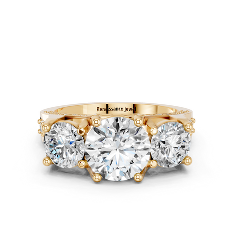 18K Yellow Gold Three-Stone 2.06 Carat D VS1 Round Cut Diamond Ring with Channel-Set Band and Four-Prong Setting