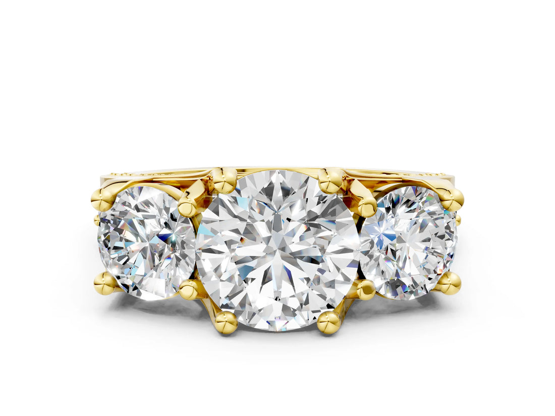 Yellow gold Three-Stone Round Cut Diamond Ring with Channel-Set Band and Four-Prong Setting_76