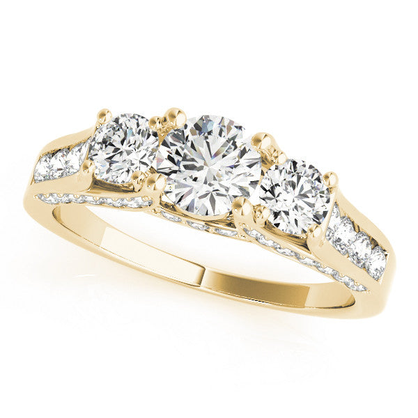 18K Yellow Gold Three-Stone 2.58 Carat F VS1 Round Cut Diamond Ring with Channel-Set Band and Four-Prong Setting