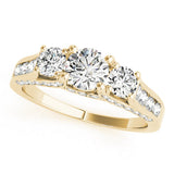 18K Yellow Gold Three-Stone 2.58 Carat F VS1 Round Cut Diamond Ring with Channel-Set Band and Four-Prong Setting