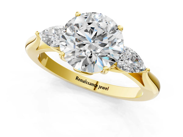 Yellow Gold Round Three Stone Engagement Ring Setting with Pear Side Stones and Thin Band