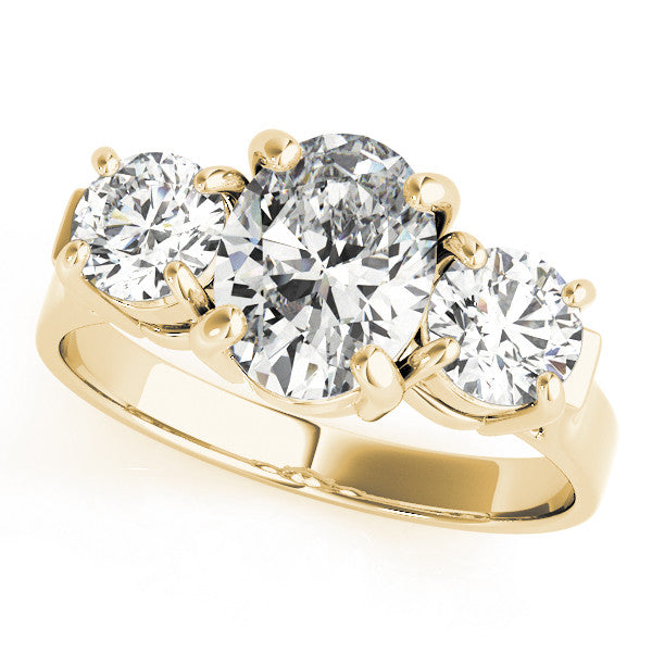 18K Yellow Gold Three-Stone 2.03 Carat E VVS1 Oval Cut Diamond Ring with Round Accent Stones, Prong Setting, and Classic Band