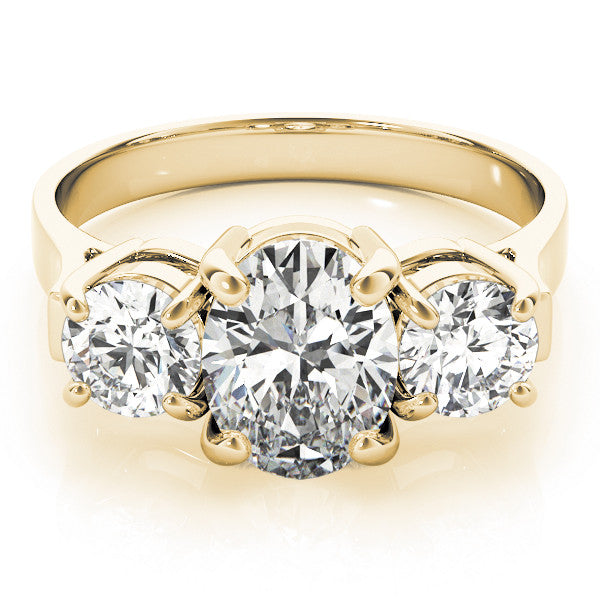 Yellow gold Three-Stone Cushion Cut Diamond Ring with Round Accent Stones, Prong Setting, and Classic Band