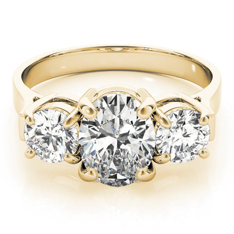 Yellow gold Three-Stone Round Cut Diamond Ring with Round Accent Stones, Prong Setting, and Classic Band 2