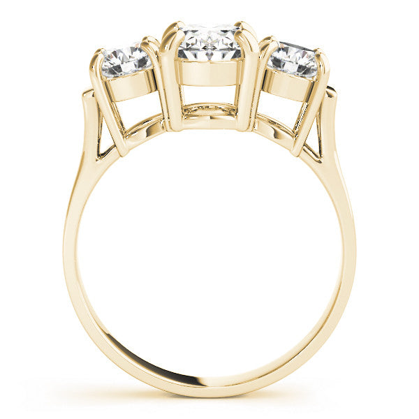 Yellow gold Three-Stone Cushion Cut Diamond Ring with Round Accent Stones, Prong Setting, and Classic Band
