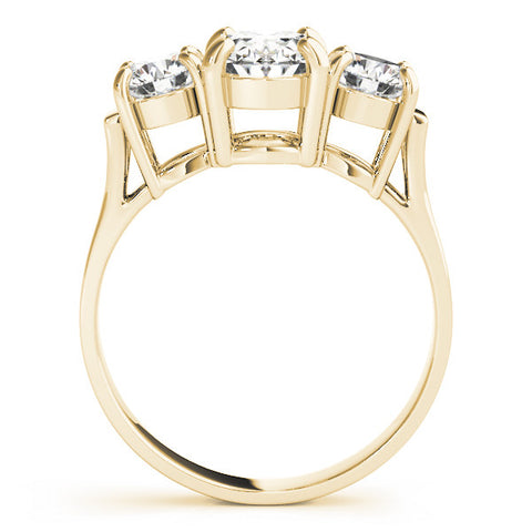 Yellow gold Three-Stone Round Cut Diamond Ring with Round Accent Stones, Prong Setting, and Classic Band