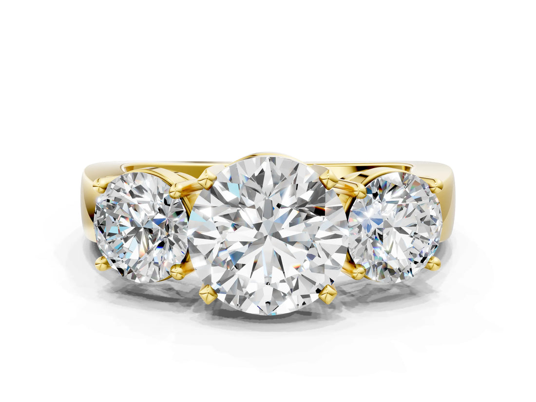 Yellow gold Three-Stone Round Cut Diamond Ring with Round Side Stones, Classic Band, and Four-Prong Setting_7