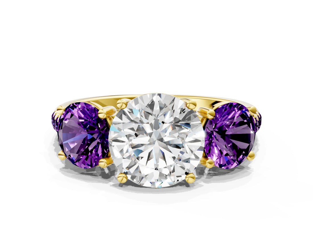 Yellow gold Three-Stone Round Cut Diamond Ring with Round with Amethyst side stone Pavé Band and Prong Setting