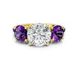 Yellow gold Three-Stone Round Cut Diamond Ring with Round with Amethyst side stone Pavé Band and Prong Setting