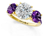 Yellow gold Three-Stone Round Cut Diamond Ring with Round with Amethyst side stone Pavé Band and Prong Setting_1