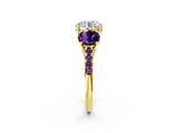 Yellow gold Three-Stone Round Cut Diamond Ring with Round with Amethyst side stone Pavé Band and Prong Setting_2