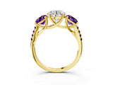 Yellow gold Three-Stone Round Cut Diamond Ring with Round with Amethyst side stone Pavé Band and Prong Setting_3