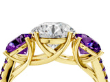 Yellow gold Three-Stone Round Cut Diamond Ring with Round with Amethyst side stone Pavé Band and Prong Setting_4