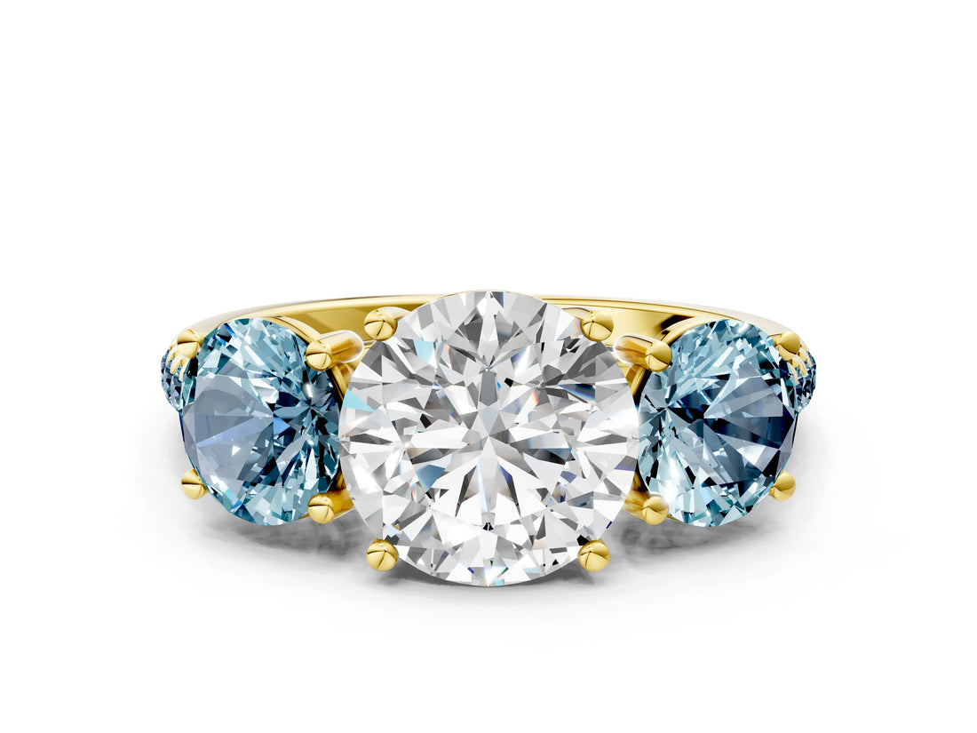 Yellow gold Three-Stone Round Cut Diamond Ring with Round with Aquamarine side stone Pavé Band and Prong Setting