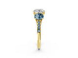Yellow gold Three-Stone Round Cut Diamond Ring with Round with Aquamarine side stone Pavé Band and Prong Setting_2