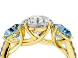 Yellow gold Three-Stone Round Cut Diamond Ring with Round with Aquamarine side stone Pavé Band and Prong Setting_4