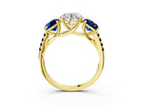 Yellow gold Three-Stone Round Cut Diamond Ring with Round with Blue Sapphire side stone Pavé Band and Prong Setting_3