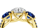 Yellow gold Three-Stone Round Cut Diamond Ring with Round with Blue Sapphire side stone Pavé Band and Prong Setting_4