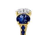 Yellow gold Three-Stone Round Cut Diamond Ring with Round with Blue Sapphire side stone Pavé Band and Prong Setting_5