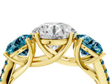Yellow gold Three-Stone Round Cut Diamond Ring with Round with Blue Topaz side stone Pavé Band and Prong Setting_4