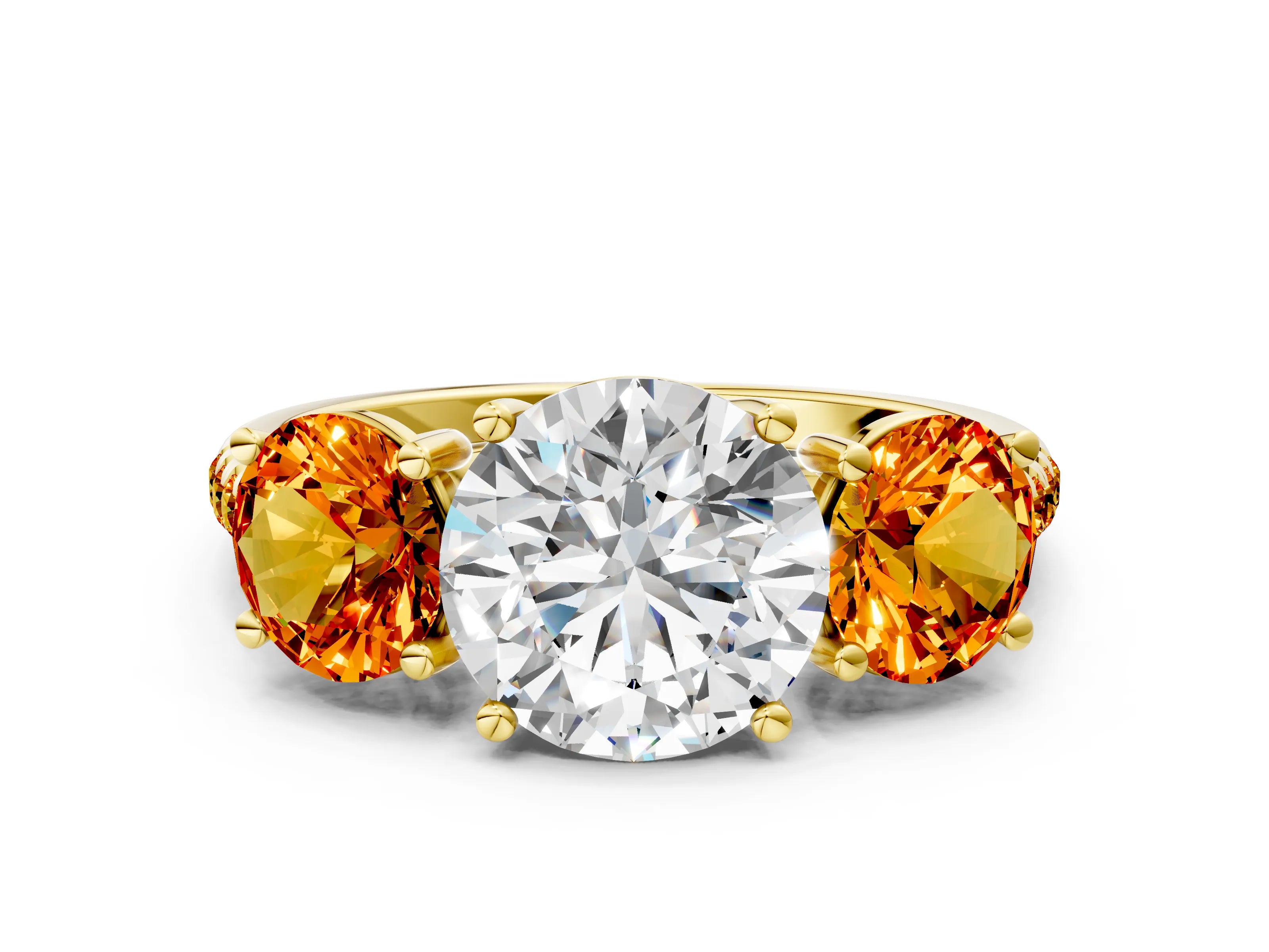 Yellow gold Three-Stone Round Cut Diamond Ring with Round with Citrine side stone Pavé Band and Prong Setting