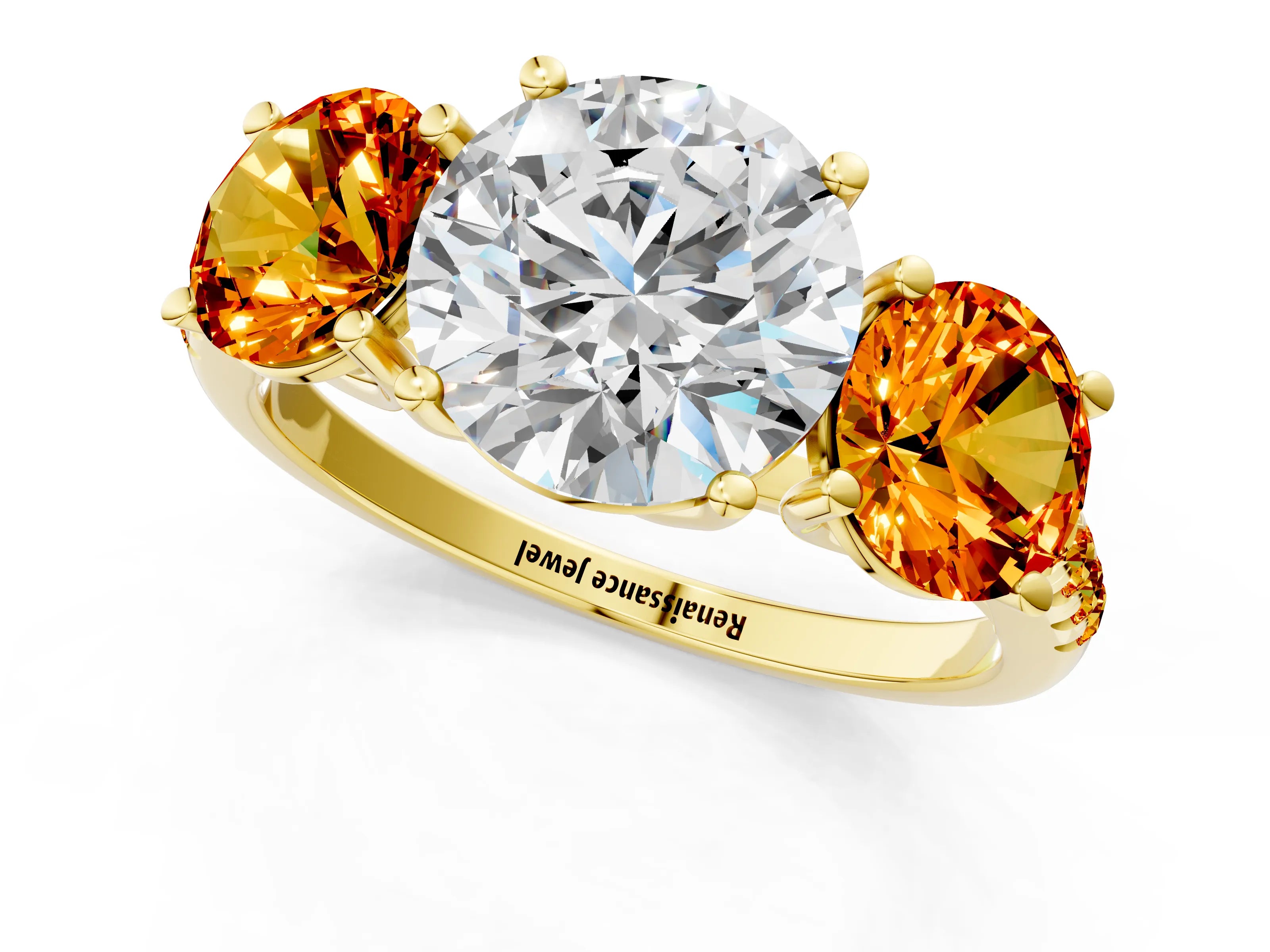 Yellow gold Three-Stone Round Cut Diamond Ring with Round with Citrine side stone Pavé Band and Prong Setting_1