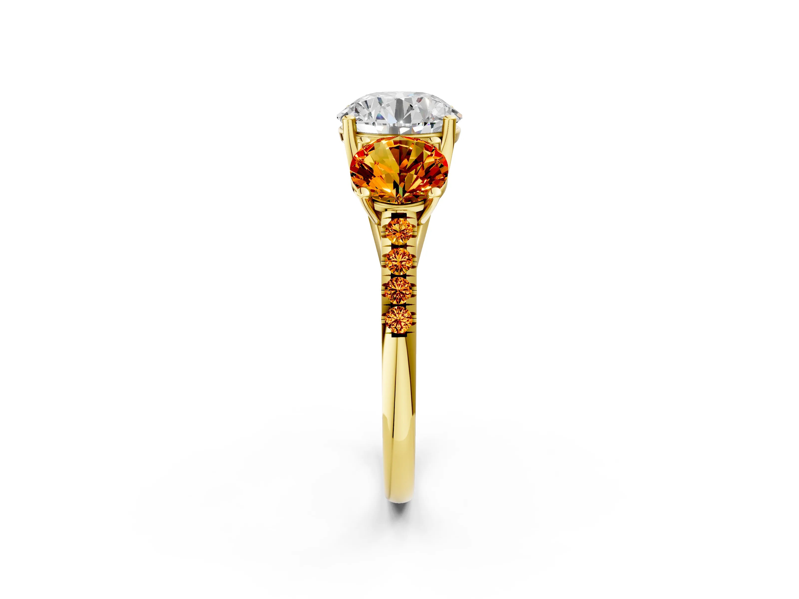 Yellow gold Three-Stone Round Cut Diamond Ring with Round with Citrine side stone Pavé Band and Prong Setting_2