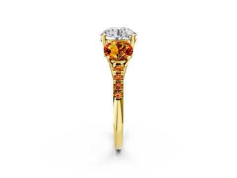 Yellow gold Three-Stone Round Cut Diamond Ring with Round with Citrine side stone Pavé Band and Prong Setting_2