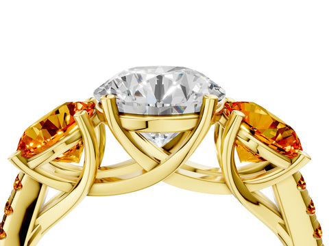 Yellow gold Three-Stone Round Cut Diamond Ring with Round with Citrine side stone Pavé Band and Prong Setting_4