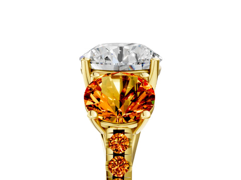 Yellow gold Three-Stone Round Cut Diamond Ring with Round with Citrine side stone Pavé Band and Prong Setting_5