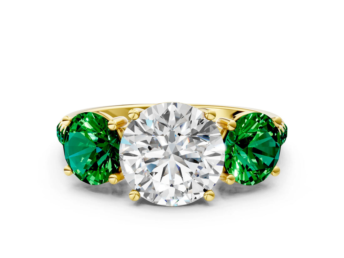 Yellow gold Three-Stone Round Cut Diamond Ring with Round with Emerald side stone Pavé Band and Prong Setting