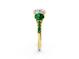 Yellow gold Three-Stone Round Cut Diamond Ring with Round with Emerald side stone Pavé Band and Prong Setting_2