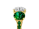 Yellow gold Three-Stone Round Cut Diamond Ring with Round with Emerald side stone Pavé Band and Prong Setting_5