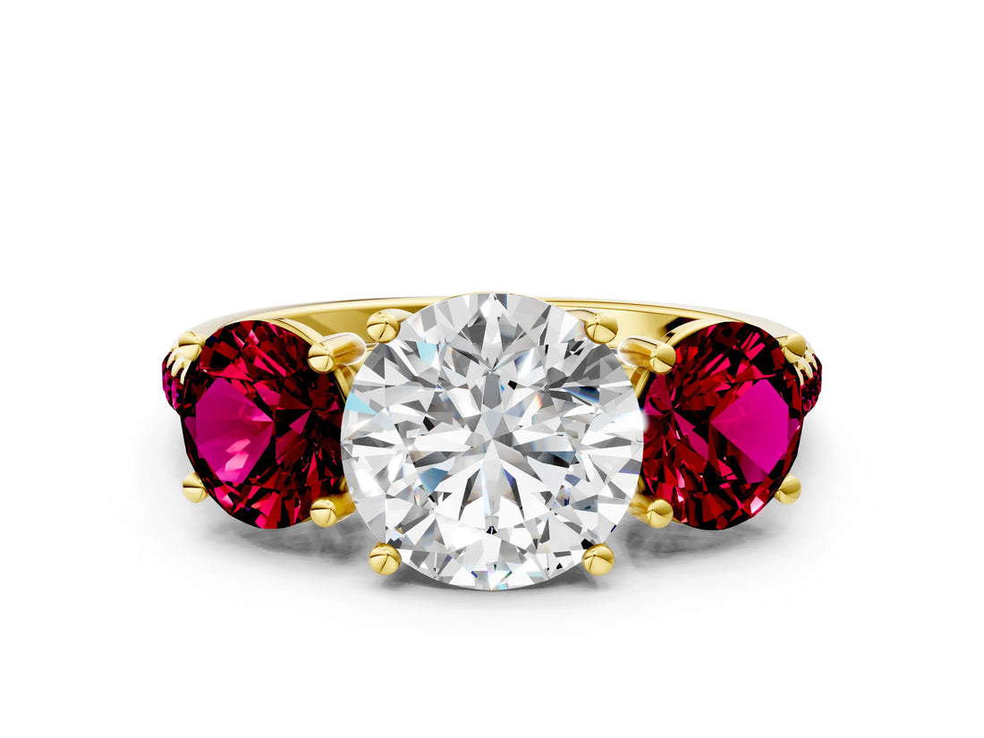 Yellow gold Three-Stone Round Cut Diamond Ring with Round with Garnet side stone Pavé Band and Prong Setting