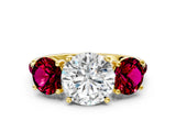 Yellow gold Three-Stone Round Cut Diamond Ring with Round with Garnet side stone Pavé Band and Prong Setting