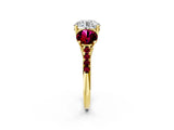 Yellow gold Three-Stone Round Cut Diamond Ring with Round with Garnet side stone Pavé Band and Prong Setting_2