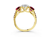 Yellow gold Three-Stone Round Cut Diamond Ring with Round with Garnet side stone Pavé Band and Prong Setting_3