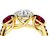 Yellow gold Three-Stone Round Cut Diamond Ring with Round with Garnet side stone Pavé Band and Prong Setting_4
