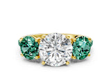 Yellow gold Three-Stone Round Cut Diamond Ring with Round with Green Sapphire side stone Pavé Band and Prong Setting