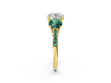 Yellow gold Three-Stone Round Cut Diamond Ring with Round with Green Sapphire side stone Pavé Band and Prong Setting_2
