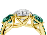 Yellow gold Three-Stone Round Cut Diamond Ring with Round with Green Sapphire side stone Pavé Band and Prong Setting_4