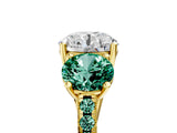 Yellow gold Three-Stone Round Cut Diamond Ring with Round with Green Sapphire side stone Pavé Band and Prong Setting_5