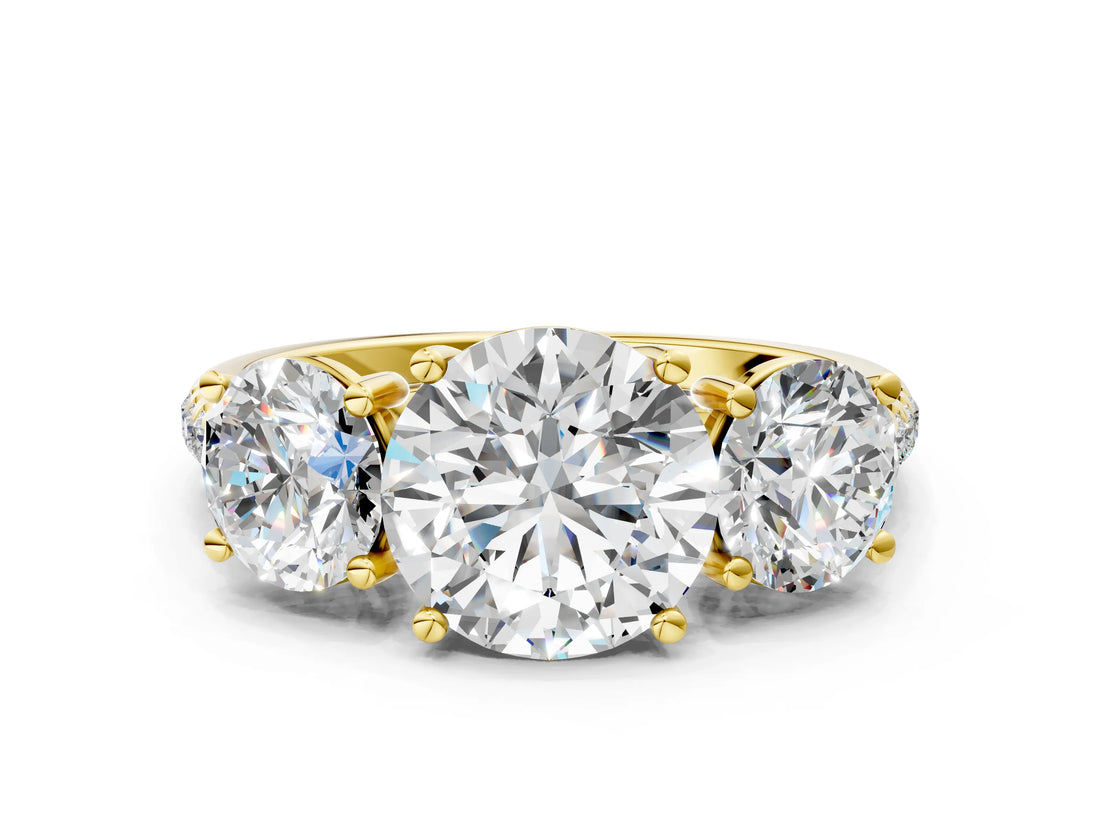 Yellow gold Three-Stone Round Cut Diamond Ring with Round with Moissanite side stone Pavé Band and Prong Setting