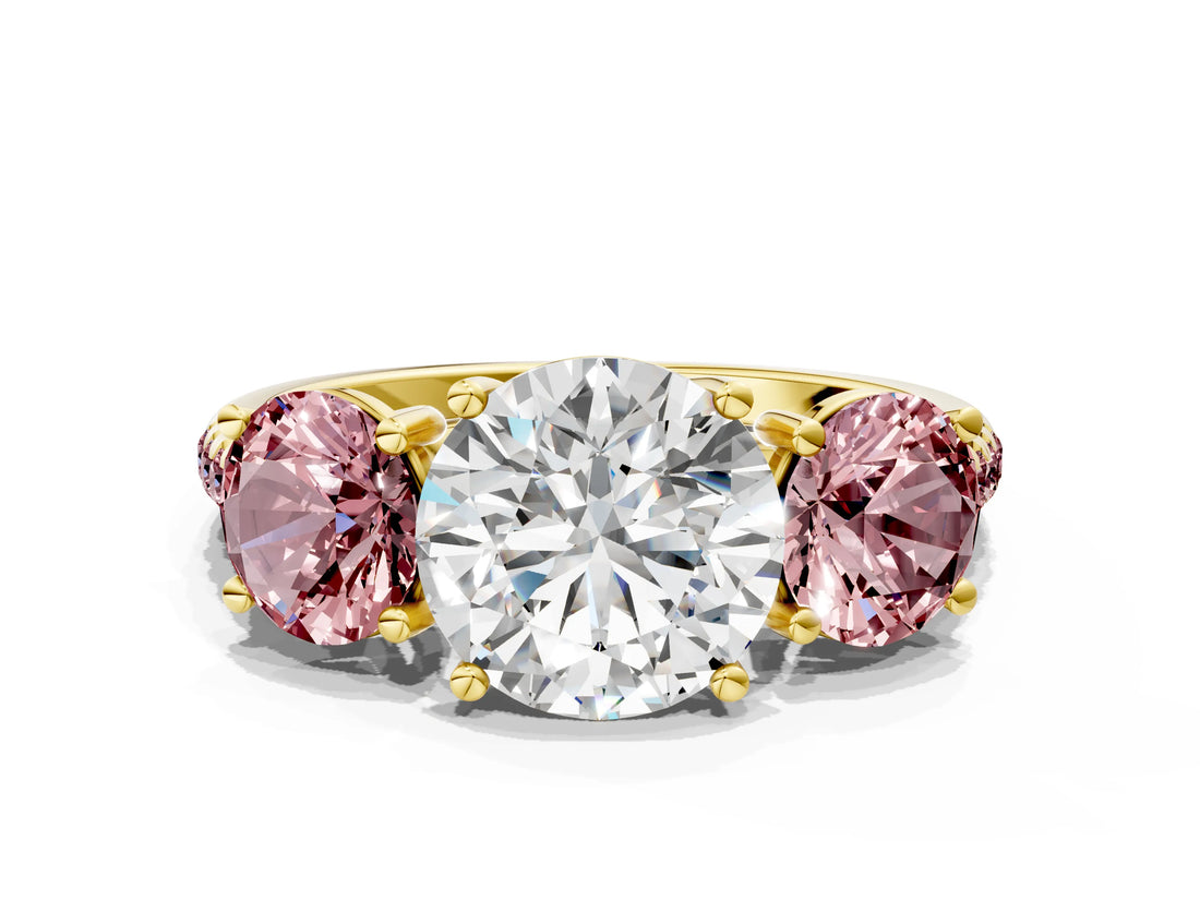 Yellow gold Three-Stone Round Cut Diamond Ring with Round with Morganite side stone Pavé Band and Prong Setting